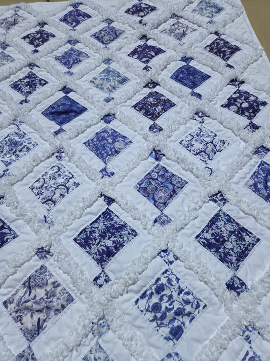 White & blue chinoiserie rag lap quilt