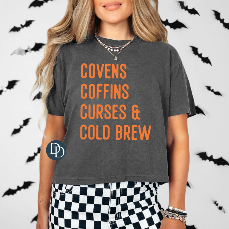 COVENS COFFINS CURSES & COLD BREW PRINTED APPAREL  D8