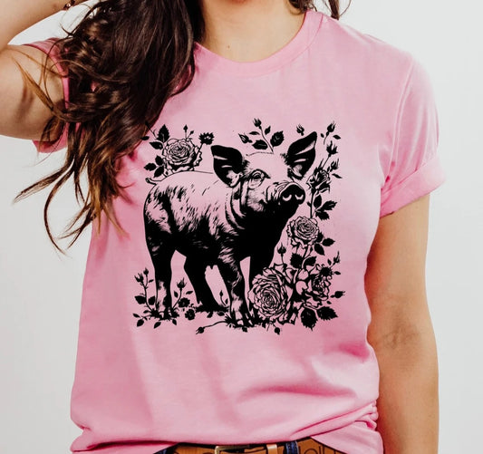 PIG W/FLOWERS PRINTED APPAREL L18