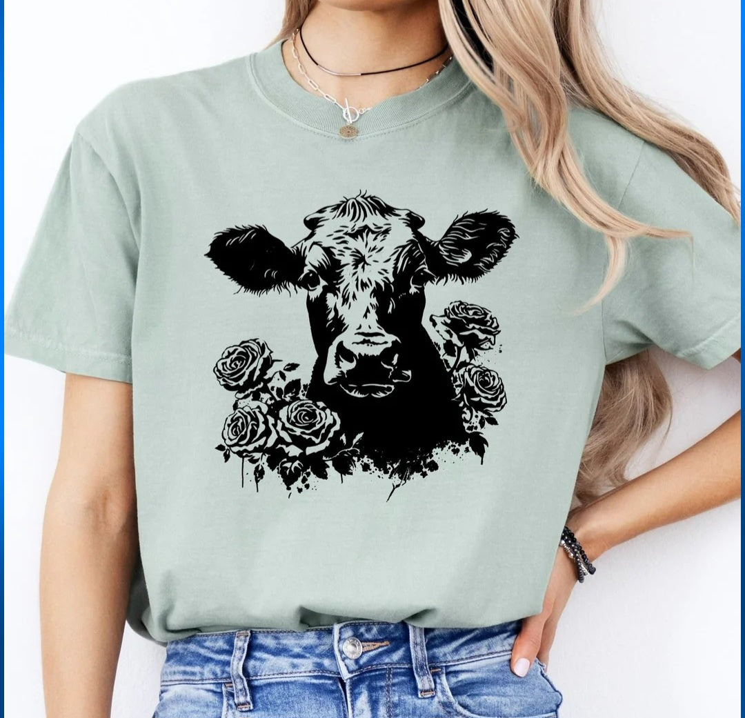 HEIFER W/FLOWERS PRINTED APPAREL L19