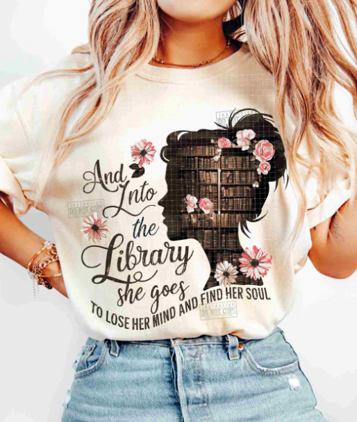 INTO THE LIBRARY SHE GOES FULL COLOR PRINT TRANSFER