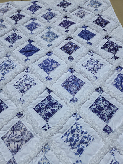 White & blue chinoiserie rag lap quilt