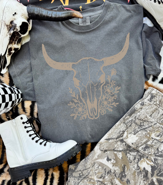 BULL SKULL FLORAL SINGLE COLOR PRINT