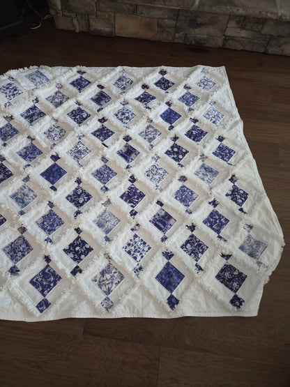 White & blue chinoiserie rag lap quilt