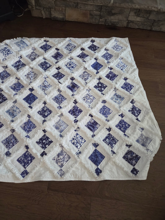 White & blue chinoiserie rag lap quilt